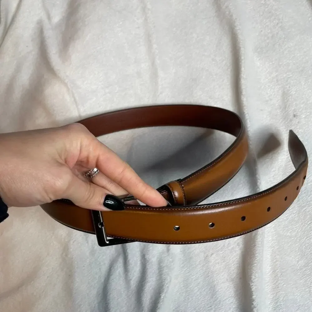 PERRY ELLIS 32 Brown Belt Leather Full Grain Cowhide Silver‎